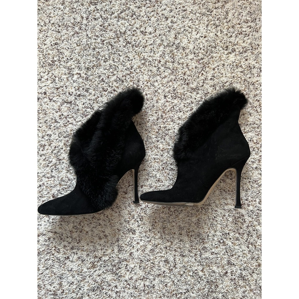 manolo blahnik Sued Fur Trim 4" Heel Stunning Booties Sz 8.5 Black $1295‎ Italy